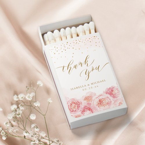 Elegant thank you script gold  blush floral matchboxes