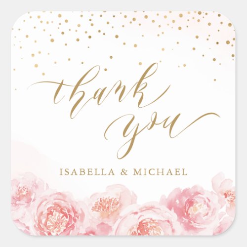 Elegant thank you script gold  blush floral square sticker