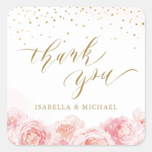 Elegant thank you script gold & blush floral square sticker