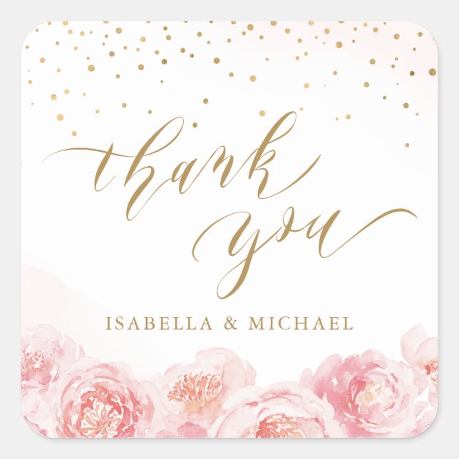 Elegant thank you script gold & blush floral square sticker (Front)