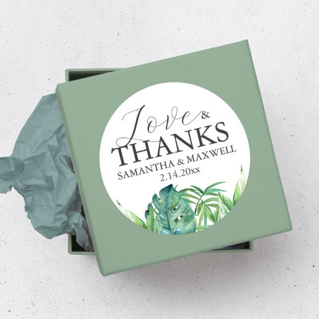 Elegant Thank You Tropical Wedding Stickers (Wedding stickers thank you tropical palm leave art by Victoria Grigaliunas of Do Tell A Belle)