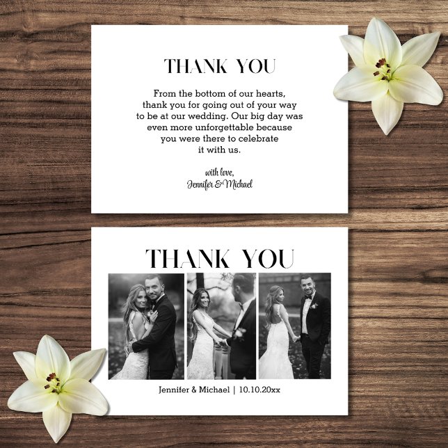 elegant thank you wedding black and white 3 photos note card (Creator Uploaded)