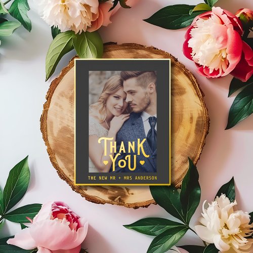 Elegant Thank You Wedding Heart  Photo Overlay Foil Holiday Postcard