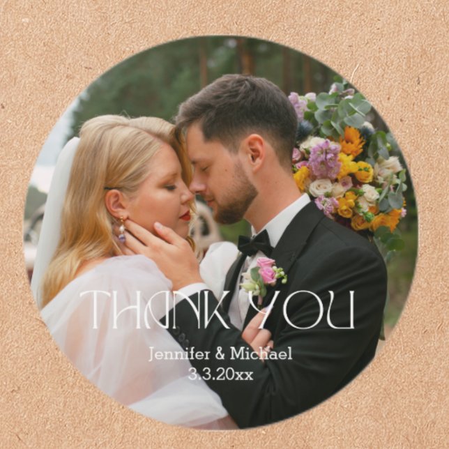 elegant thank you wedding photo classic round sticker (Creator Uploaded)