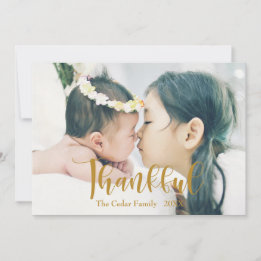 Elegant "Thankful" Golden-colored Photo Custom Holiday Card
