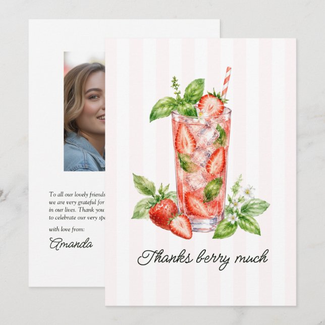 Elegant Thanks Berry Much Strawberry Cocktail Thank You Card (Front/Back)
