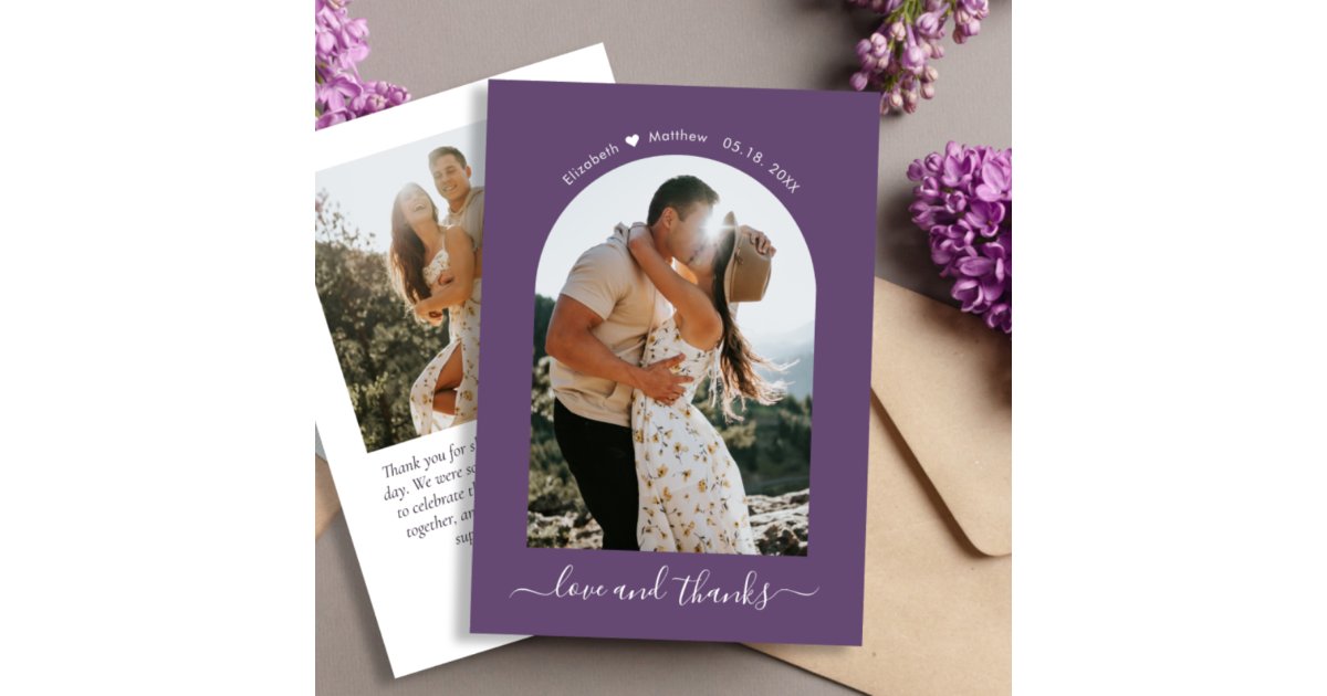 Elegant Thanks Script 2 Photo Mauve Arch Wedding Thank You Card | Zazzle