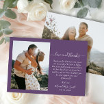 Elegant Thanks Script 2 Photo Mauve Wedding  Thank You Card<br><div class="desc">Elegant Modern Minimalist Hand Lettered 2 Photo Wedding Thank You Card in Mauve Purple color. Stylish wedding thank you card template featuring one photo on the front and one photo on the back. With the text "Love and thanks" in a swirly hand lettered calligraphy or typography script font in white...</div>