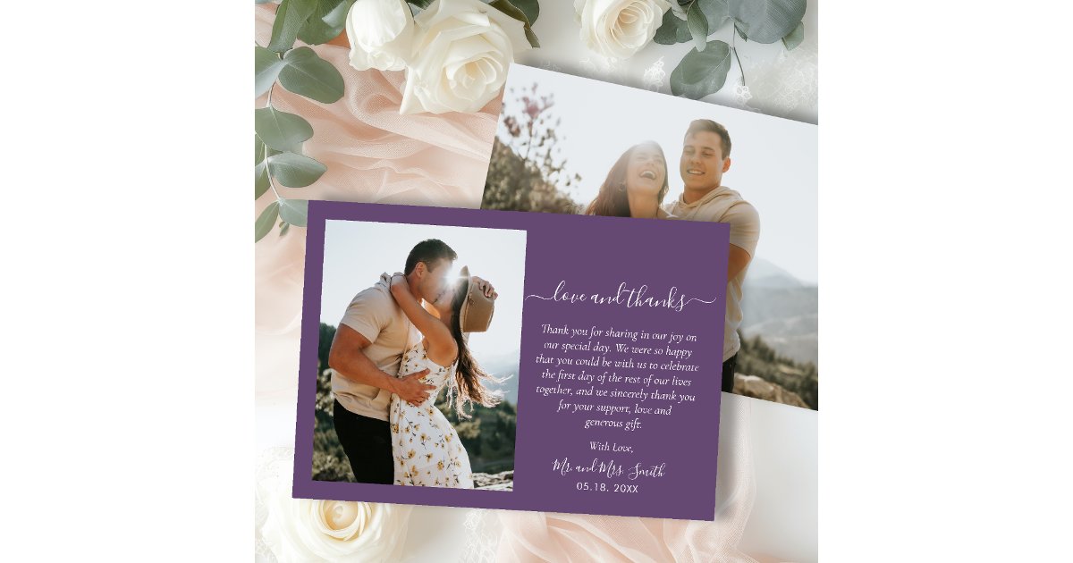 Elegant Thanks Script 2 Photo Mauve Wedding Thank You Card | Zazzle