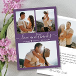 Elegant Thanks Script Mauve Photo Collage Wedding  Thank You Card<br><div class="desc">Elegant, Minimalist Hand Lettered Wedding 3 Photo Collage Thank You Card in Mauve Purple color. Stylish wedding thank you card template featuring three photo on the front and one photo on the back. With the text "Love and thanks" in a swirly hand lettered calligraphy or typography script font in white...</div>