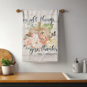 Elegant Thanksgiving Chic Floral Pumpkin Name Kitchen Towel