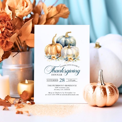 Elegant Thanksgiving Dinner Blue Gold Pumpkins Invitation