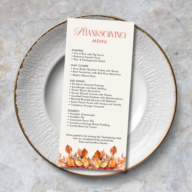 Elegant Thanksgiving Dinner Fall Leaves Menu (Elegant Thanksgiving menu with fall leaves, modern typography, menu choices.)