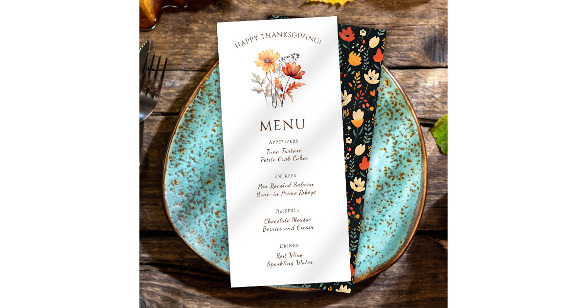 Elegant Thanksgiving Dinner Floral Rustic Fall Menu | Zazzle