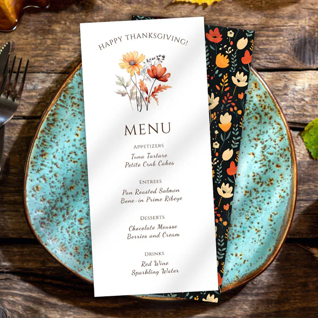 Elegant Thanksgiving Dinner Floral Rustic Fall Menu | Zazzle