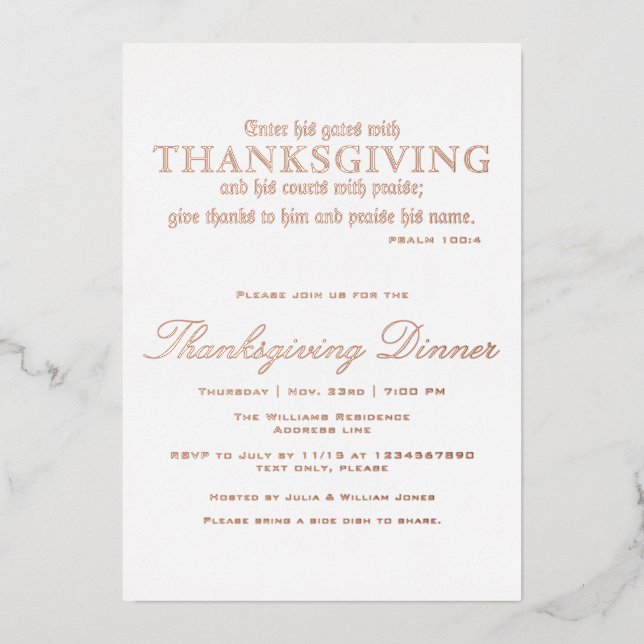 Elegant Thanksgiving Dinner Party Psalm 100:4 Foil Invitation (Front)