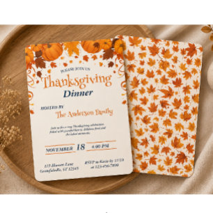Elegant Thanksgiving Dinner Pumpkin Autumn Leaves Invitation
