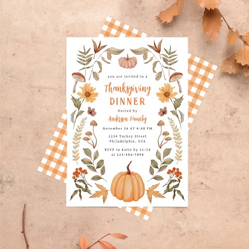 Elegant Thanksgiving Dinner Pumpkin Autumn Leaves Invitation
