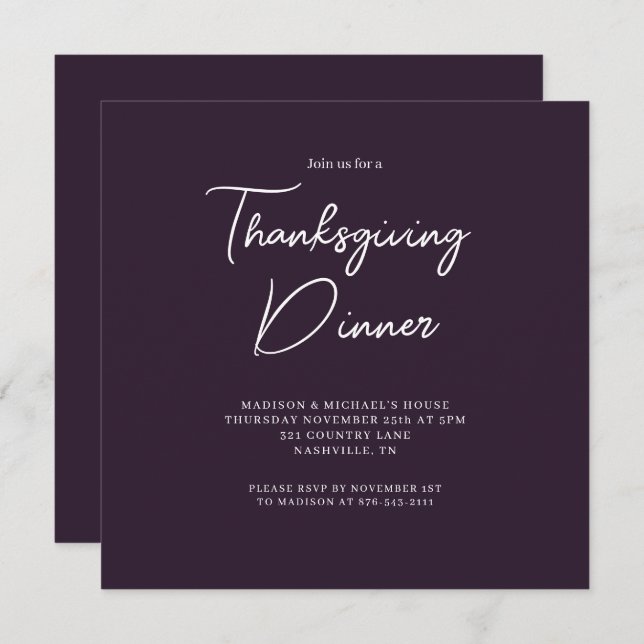 Elegant Thanksgiving Dinner Purple Script Invitation (Front/Back)