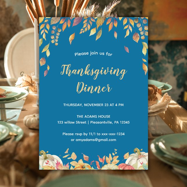 Elegant Thanksgiving Dinner Watercolor Fall Blue Invitation (Creator Uploaded)