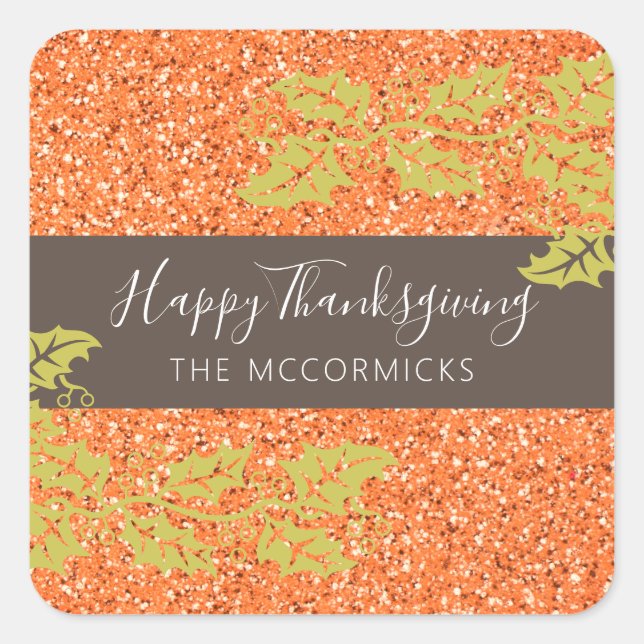 Elegant Thanksgiving Orange Glitter Customized Square Sticker (Front)