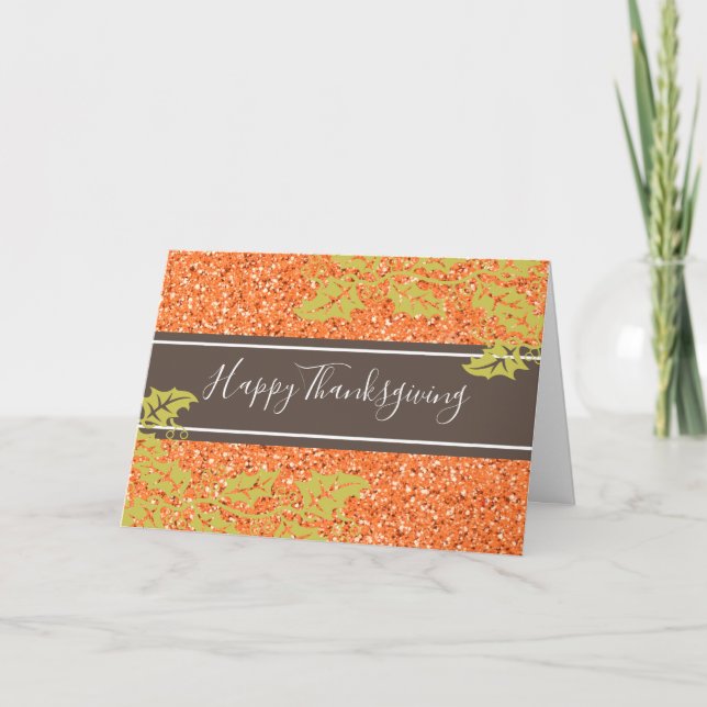 Elegant Thanksgiving Orange Glitter Personalized Holiday Card (Front)