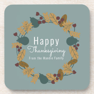 Elegant Thanksgiving Pear Wreath Illustration Beverage Coaster