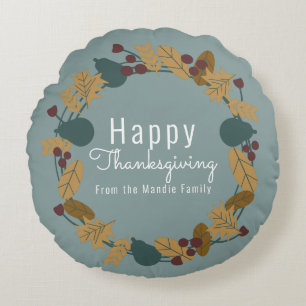 Elegant Thanksgiving Pear Wreath Illustration Round Pillow