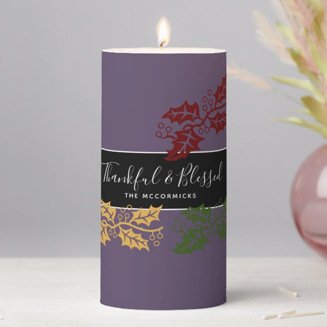 Elegant Thanksgiving Purple Orange Family Name Pillar Candle (In Situ)