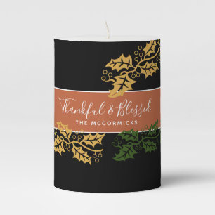 Elegant Thanksgiving Thankful Blessed Family Name Pillar Candle