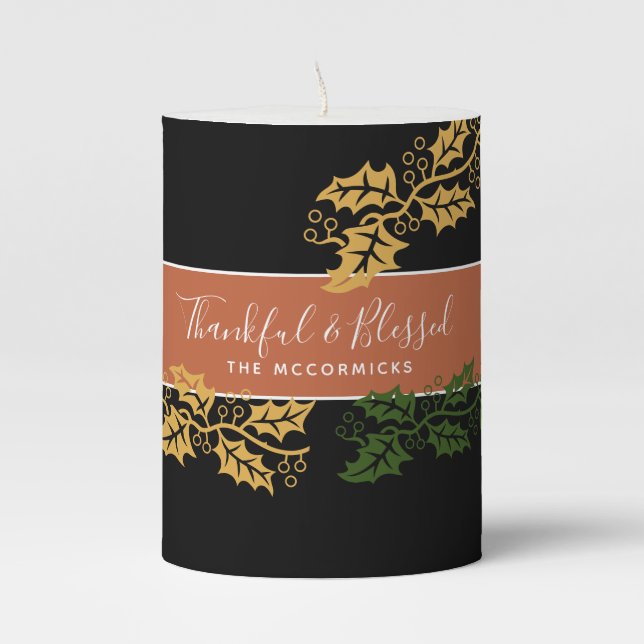 Elegant Thanksgiving Thankful Blessed Family Name Pillar Candle (Front)