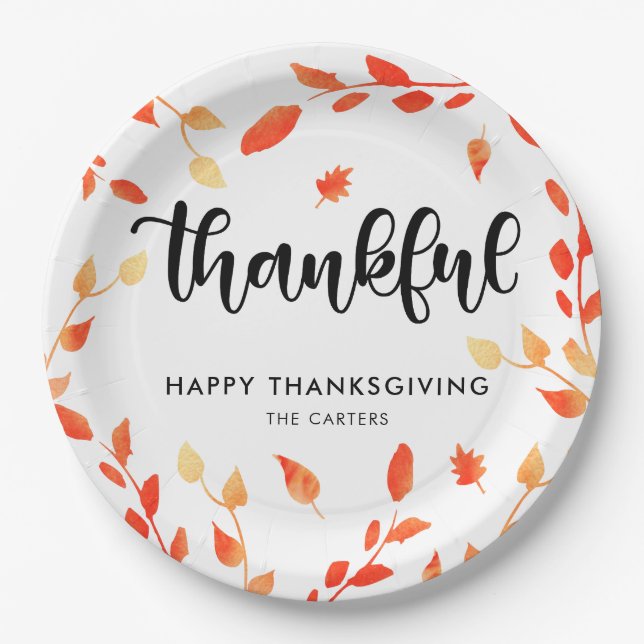 Elegant Thanksgiving Thankful Fall Foliage Modern Paper Plates (Front)