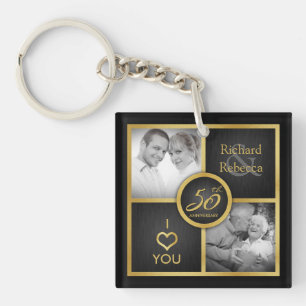 Elegant "then and now" Black and Gold 50th Wedding Keychain