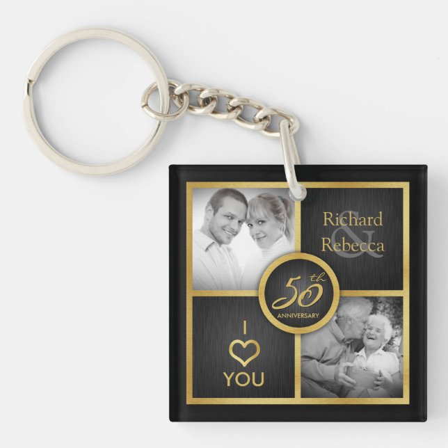 Elegant "then and now" Black and Gold 50th Wedding Keychain (Front)