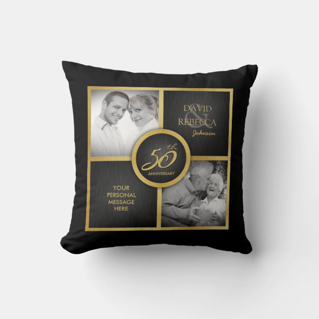 Elegant "then and now" Black and Gold 50th Wedding Throw Pillow (Front)