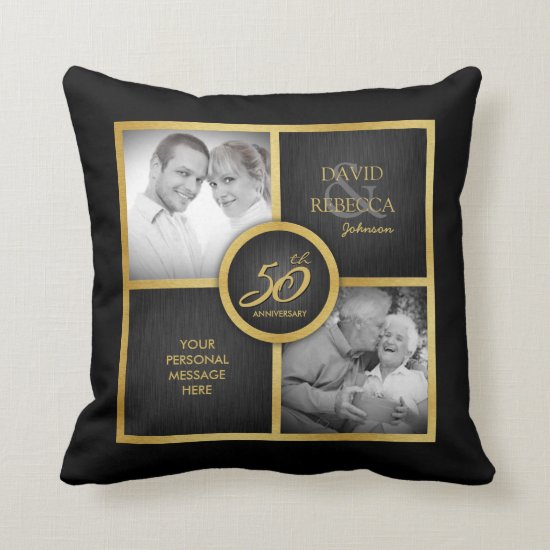 Elegant "then and now" Black and Gold 50th Wedding Throw Pillow