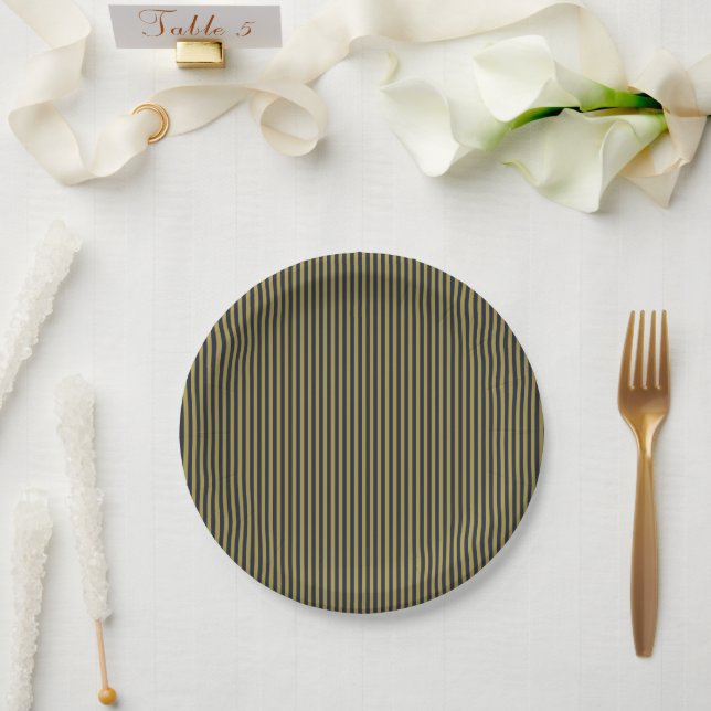 Elegant Thin Gold & Navy Blue Vertical Stripes Paper Plates (Wedding)