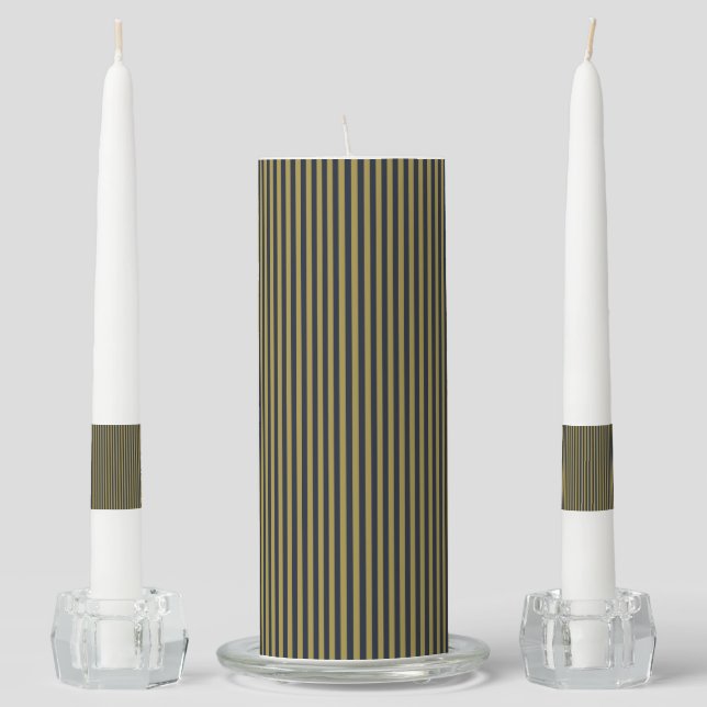 Elegant Thin Gold & Navy Blue Vertical Stripes Unity Candle Set (Front)