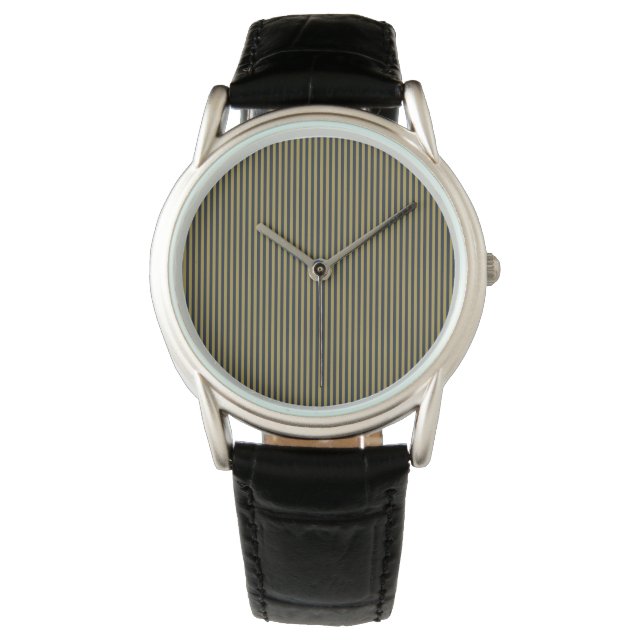 Elegant Thin Gold & Navy Blue Vertical Stripes Watch (Front)
