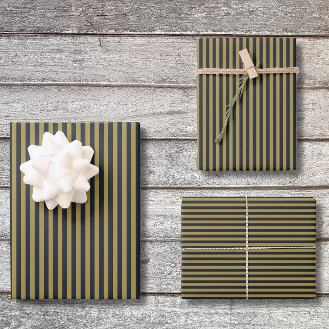Elegant Thin Gold & Navy Blue Vertical Stripes Wrapping Paper Sheets (Creator Uploaded)