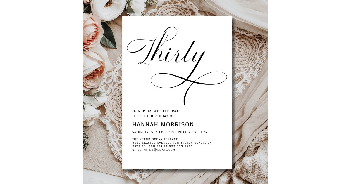 Thirty Fine Script Elegant Thirty 30th Script Minimalist Birthday Invitation | Zazzle