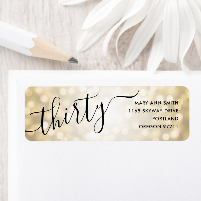 Elegant Thirty Gold Glitter Lights 30th Birthday Label (Insitu)