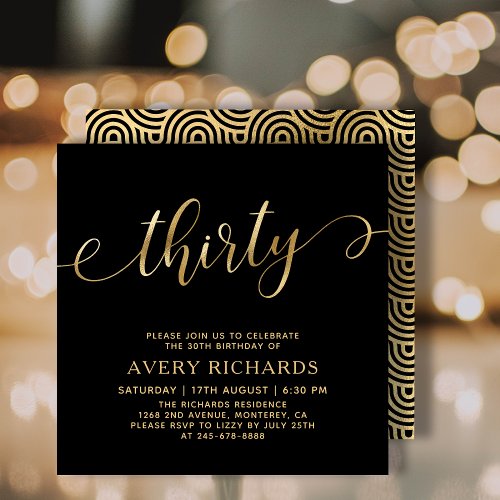 Elegant Thirty Gold Script Black 30th Birthday Invitation
