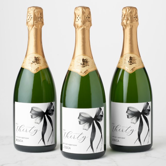 Elegant Thirty Script Bow 40th Birthday Party Sparkling Wine Label (Bottles)