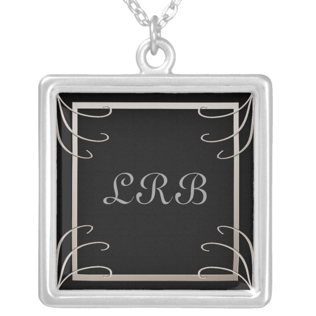 Elegant Three Initial Black-Silver Swirl Silver Plated Necklace (Front)