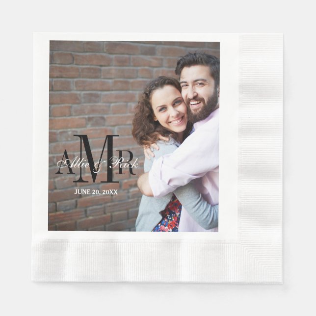 Elegant Three Initials Photo Wedding Paper Napkins (Front)
