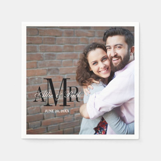 Elegant Three Initials Photo Wedding Paper Napkins (Front)