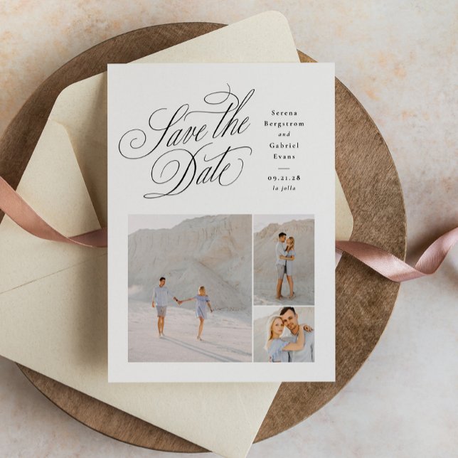 Elegant three photo black and white wedding save the date (Creator Uploaded)