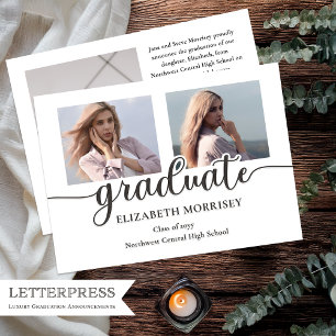Elegant Three Photo Graduation   Script Typography Letterpress Photo Cards