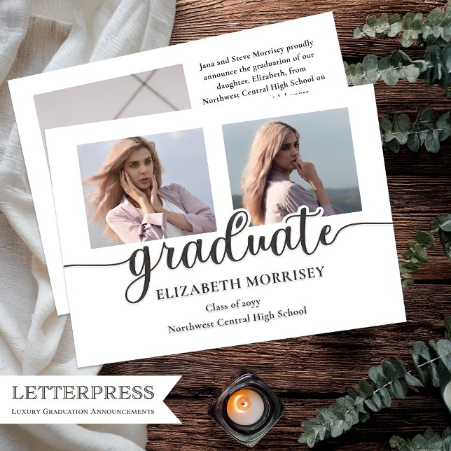 Elegant Three Photo Graduation | Script Typography Letterpress Photo Cards (Elegant Three Photo "Graduate" Graduation Script Typography Luxury Letterpress Photo Cards)